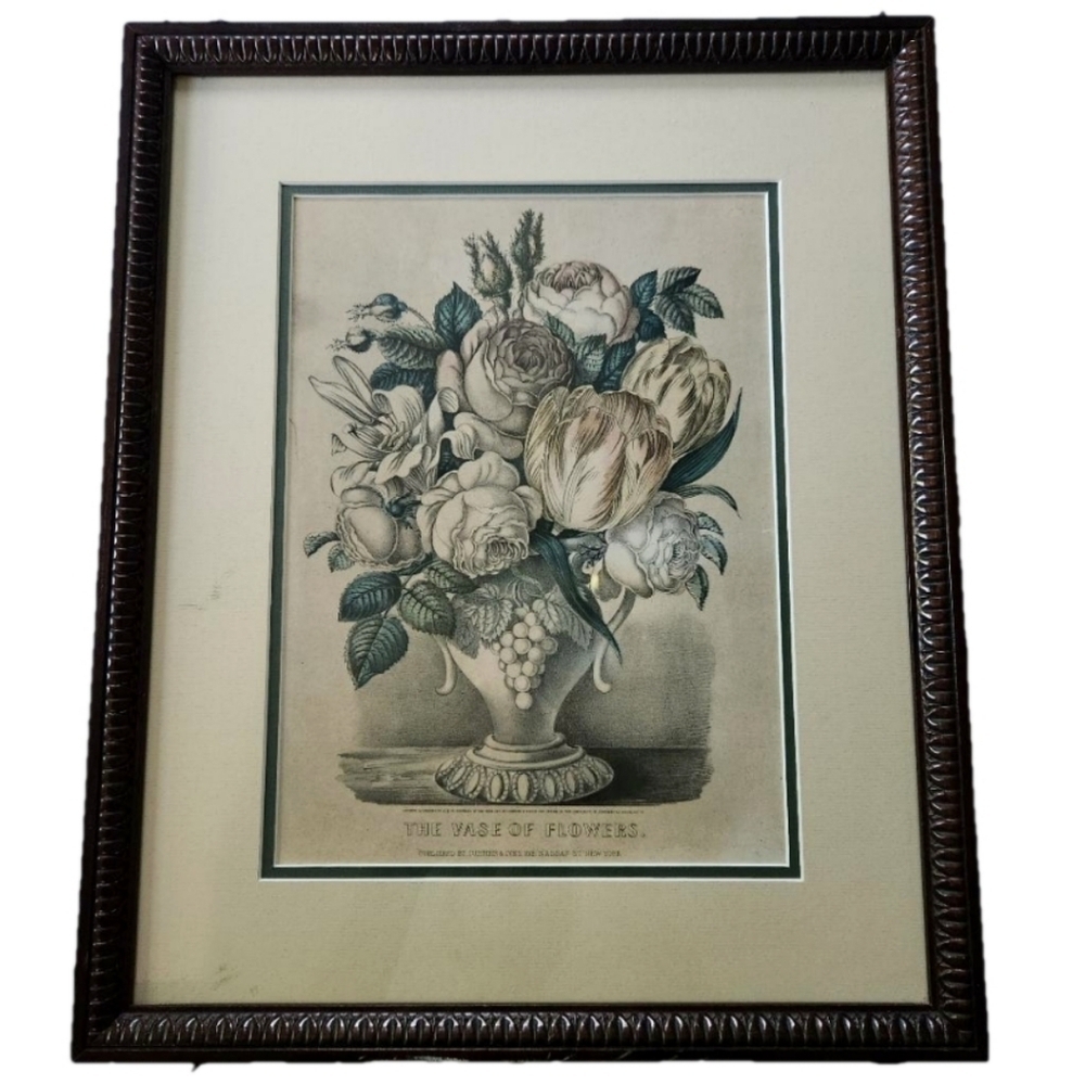 Currier & Ives Print The Vase Of Flowers. Framed With Matte. 19 X 15.5 Inches